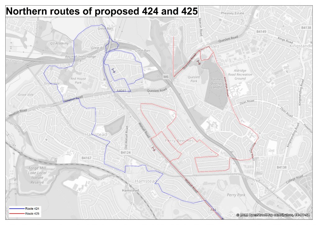 Map showing changes proposed for northern part of 424 bus route.